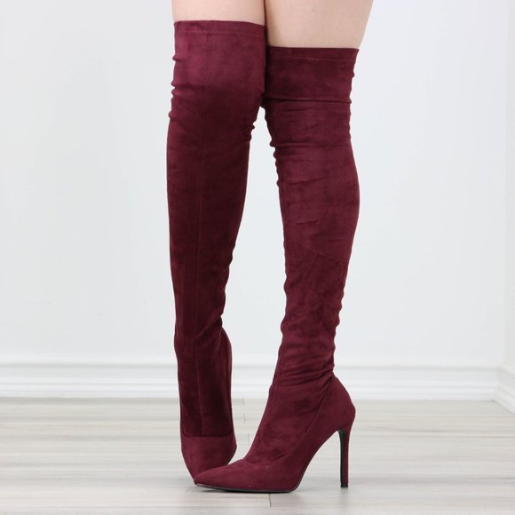 Wine Women's Thigh High Boots Faux Suede Pointed Toe Stilettos - Picture 7 of 15